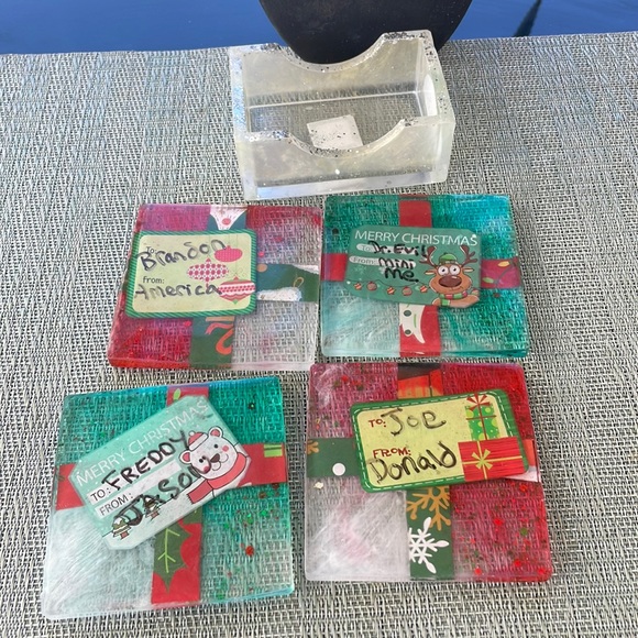 XMAS Handmade Festive Funny Holiday Square Coaster Set and Holder - Picture 11 of 17